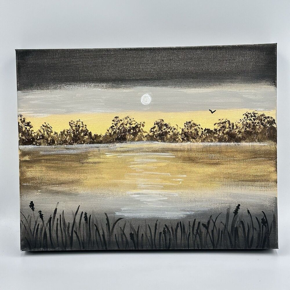 Night Lake Nature Landscape Acrylic Painting 14” X 11” Hand Painted Black Gold